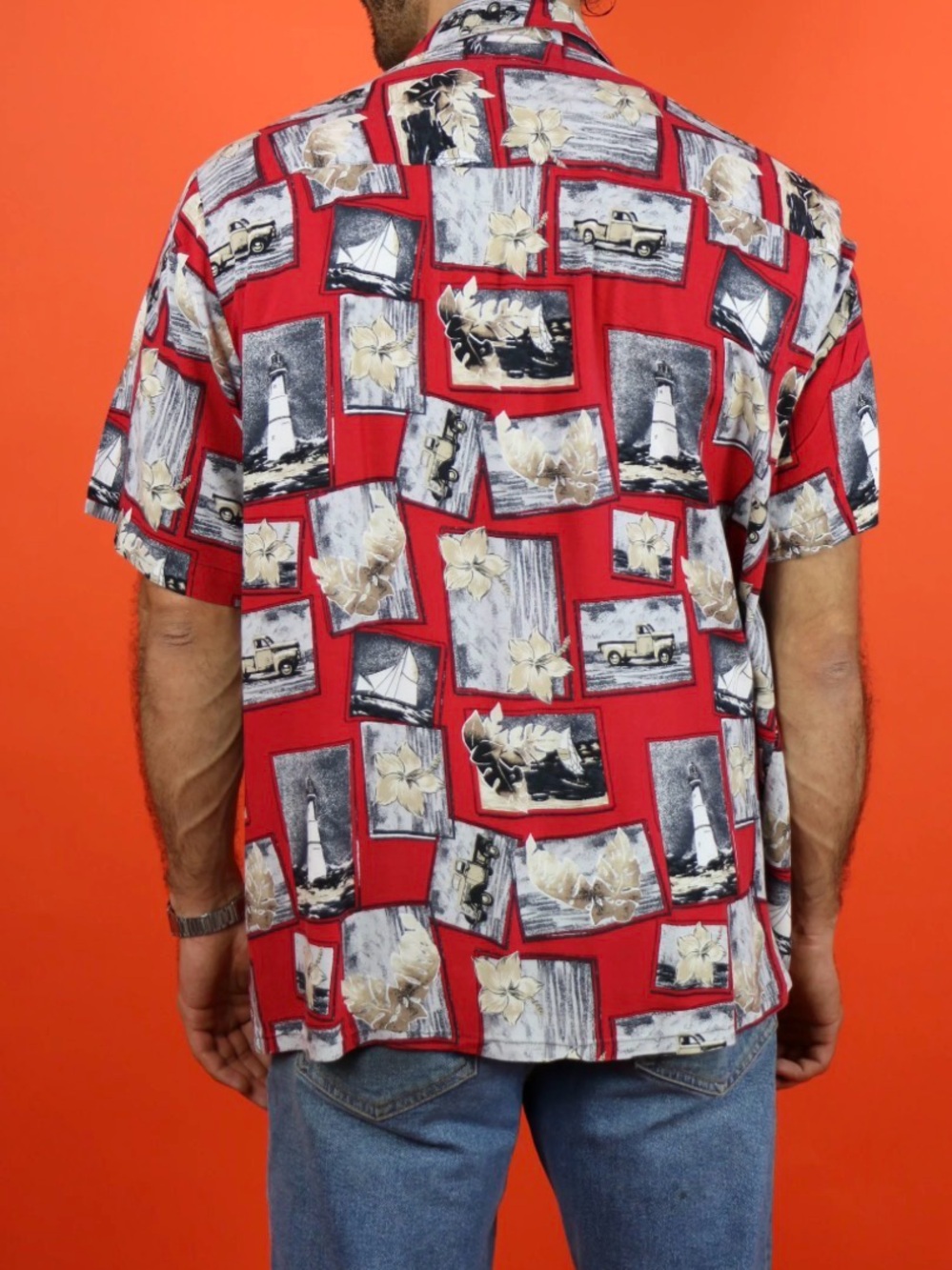 Puritan Men’s Pick Up Truck Hibiscus Lighthouse Hawaiian Tropical Shirt Large L